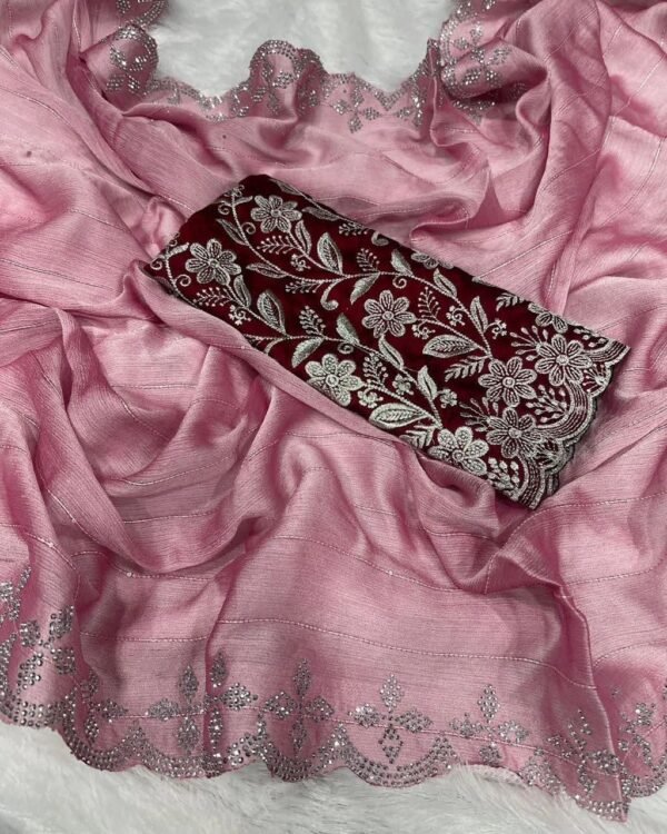PREMIUM SOFT BURBERRY SILK DUSTY COLOUR WITH PURE JARAK LACE BORDER & ALL OVER SIROVSKI DIAMOND IN SAREE #NF7709*