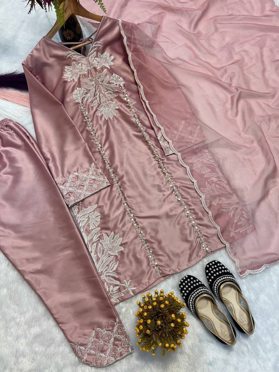 Designer Party Wear Top with Farshi Salwar & Organza Dupatta – Heavy Embroidery Work - Image 7