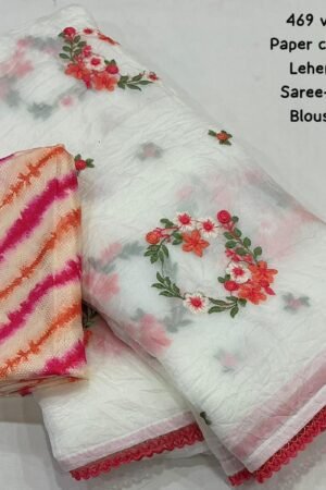 Paper Crush Saree with Floral Necklace Embroidery & Leheriya Blouse