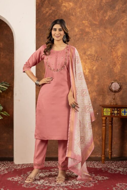 Elegant Marina Silk Straight Kurti Pant Dupatta Set