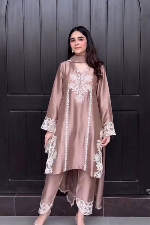 Designer Party Wear Top with Farshi Salwar & Organza Dupatta – Heavy Embroidery Work