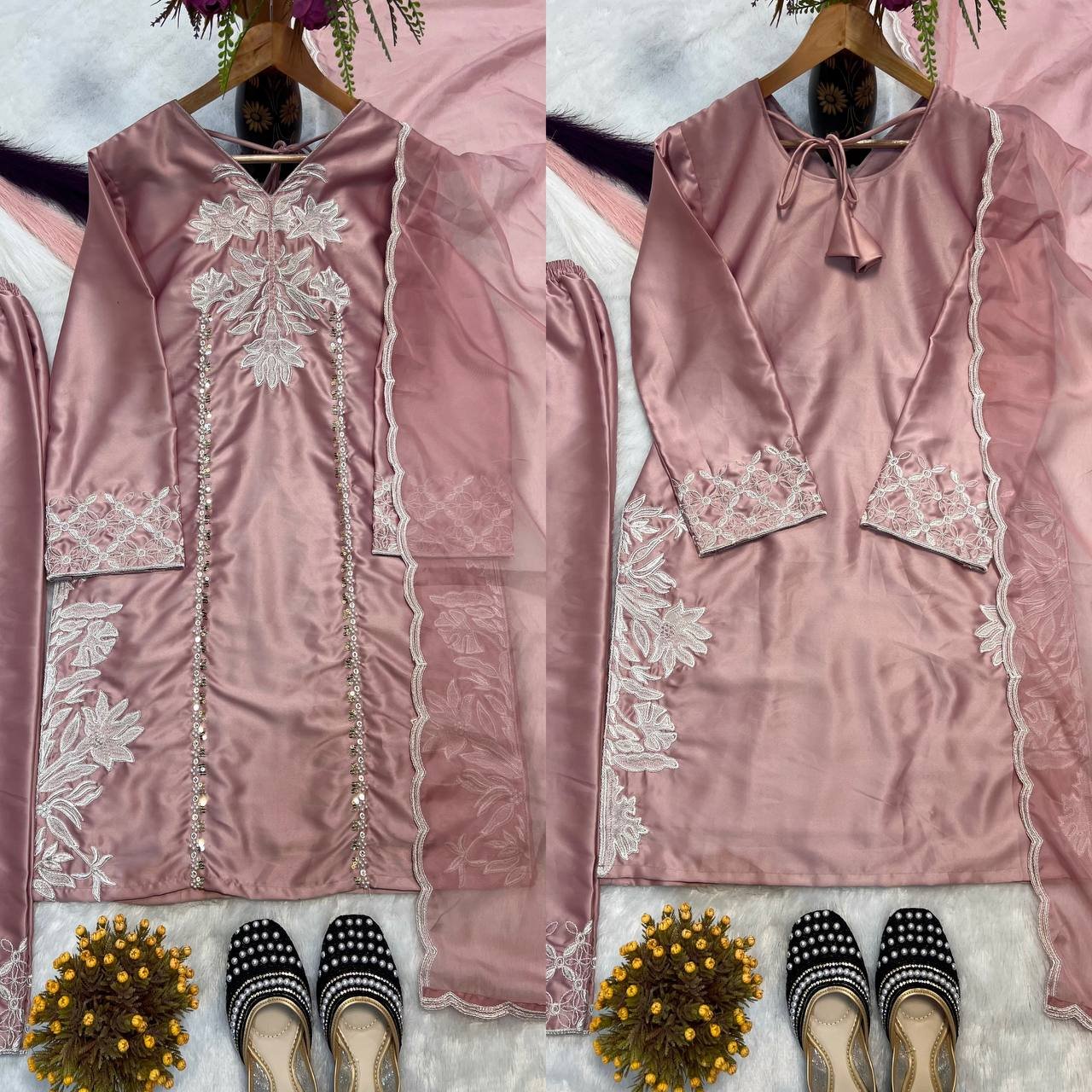 Designer Party Wear Top with Farshi Salwar & Organza Dupatta – Heavy Embroidery Work - Image 3