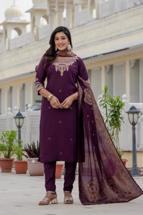 Premium Roman Silk Kurti Pant Dupatta Set with Coding Embroidery & Sequins Work