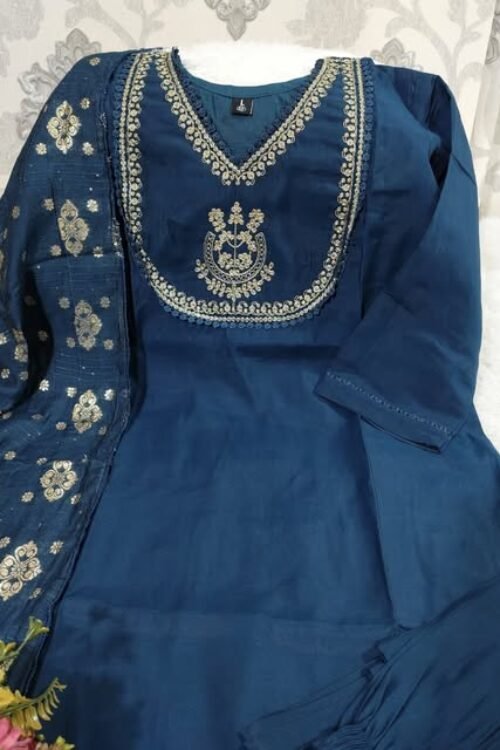 Premium Roman Silk Kurti with Handwork, Pant & Dupatta – Festival Collection