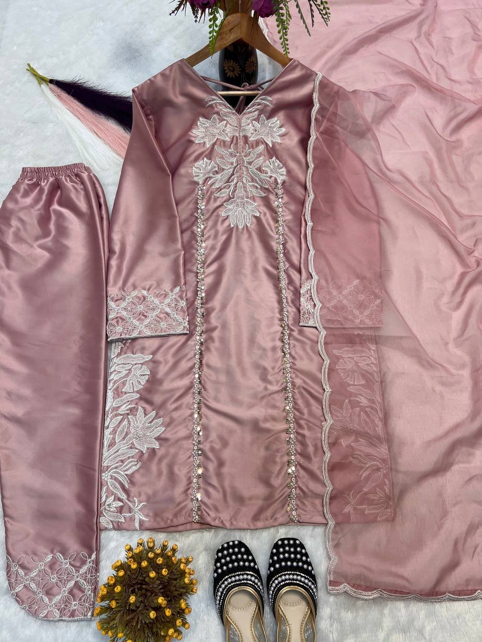 Designer Party Wear Top with Farshi Salwar & Organza Dupatta – Heavy Embroidery Work - Image 8