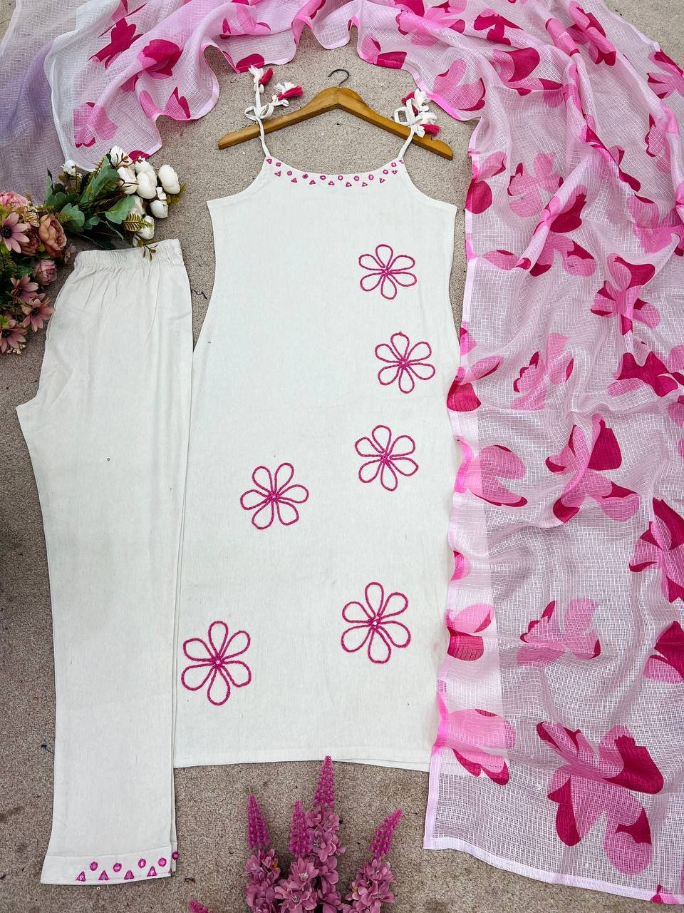 Sleeveless straight kurta with pink embroidered border. - Image 6