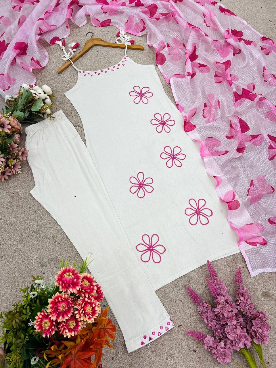 Sleeveless straight kurta with pink embroidered border. - Image 7