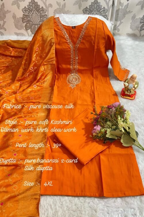 Elegant Orange Viscose Silk Kurti Set with Kashmiri Daman Work & Banarasi Silk Dupatta