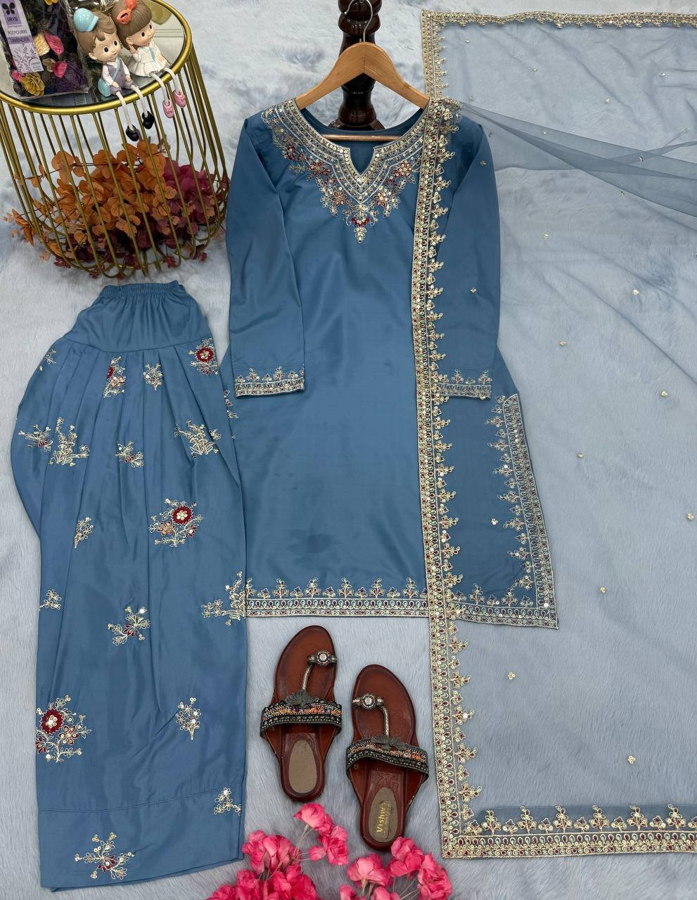 Designer Party Wear Pure Natural Crepe Top & Farshi Palazzo with Dupatta - Image 6