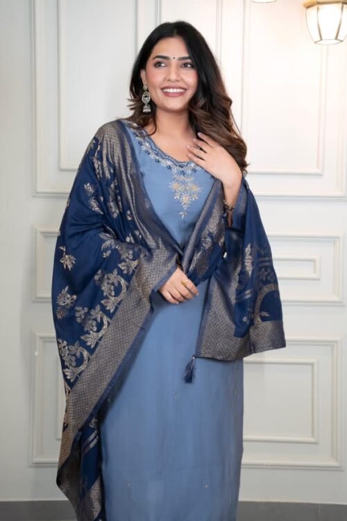 Elegant Blue Cotton Kurti Set with Embroidery & Banarasi Silk Dupatta