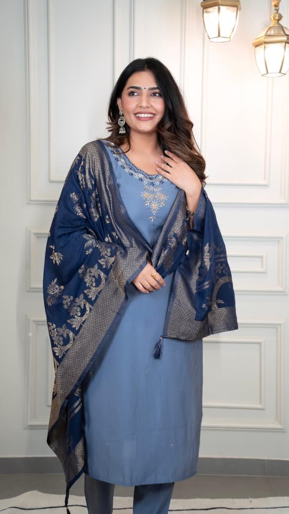 Elegant Blue Cotton Kurti Set with Embroidery & Banarasi Silk Dupatta