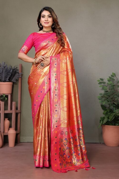 Premium Banarasi Tissue Silk Saree with Contrast Leheriya Borders & Classic Pallu