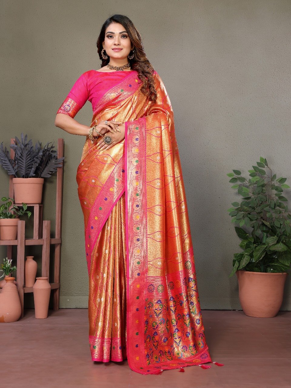 Premium Banarasi Tissue Silk Saree with Contrast Leheriya Borders & Classic Pallu