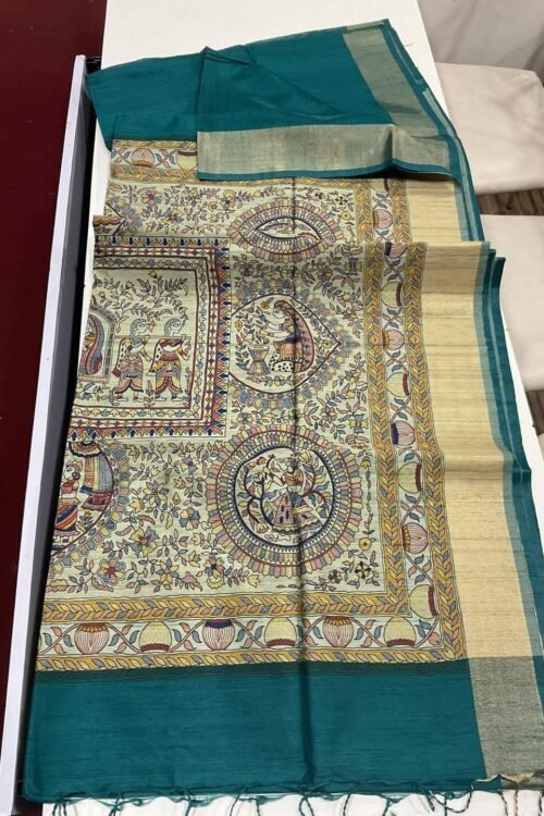 Mullai Tussar Khadi Raw Silk Saree with Madhubani Print & Zari Border