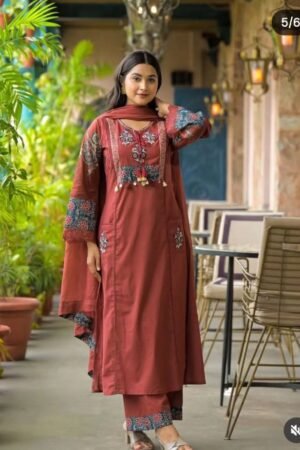 Upgrade your everyday ethnic wardrobe with this Beautiful Straight Kurta–Pant–Dupatta Set, crafted in soft, breathable cotton fabric for all-day comfort. The kurta features delicate embroidery with appliqué and lace work on sleeves, giving it a classy and elegant look 🌼✨  Paired with a solid cotton straight pant with lace detailing and a mul cotton dupatta finished with border lace, this set is perfect for office wear, daily wear, casual outings, and light festive occasions.