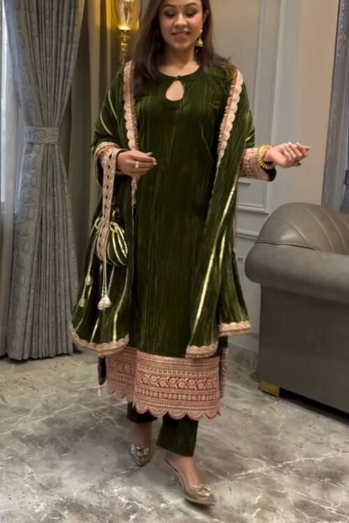 Elevate your festive and party wardrobe with this luxurious Crush Viscose Velvet Kurti–Pant–Dupatta Set, designed to deliver a rich, royal, and elegant look. Crafted in heavy crush viscose velvet and adorned with heavy embroidery work, this outfit is perfect for weddings, parties, festive occasions, and special celebrations ✨💃 The soft micro cotton inner ensures comfort, while the matching embroidered dupatta completes the premium ethnic ensemble.