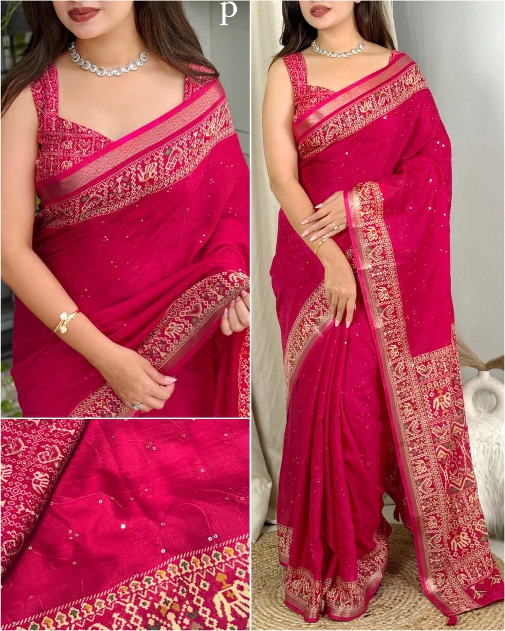 Effortless elegance meets vibrant tradition with this Designer Ajrakh Printed Saree, crafted in pure mul cotton for unmatched comfort and grace. Designed with beautiful thread work and sequin detailing in a classic zaal pattern, this saree is further enhanced with an ajrakh print and rich zari jacquard border, creating a timeless ethnic masterpiece 🌸✨ The stylish tassels on the pallu add a festive touch, making this saree perfect for festive occasions, cultural events, parties, and everyday elegant wear. - Image 3
