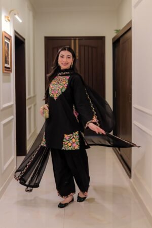 Upgrade your ethnic wardrobe with this elegant designer Top–Plazzo–Dupatta set, crafted in premium crepe silk and detailed with front & back embroidery work. Designed with two functional side pockets, this outfit perfectly blends style, comfort, and practicality—ideal for festive wear, parties, and special occasions 🌸✨  The flowy plazzo and embroidered georgette dupatta complete a rich, graceful ethnic look.