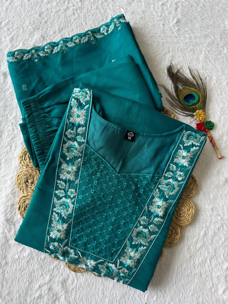 Add elegance and charm to your ethnic collection with this designer Kurti–Pant–Dupatta set, crafted in premium Roman Silk and enhanced with beautiful embroidery thread and sequin work. The rich fabric, graceful colors, and detailed craftsmanship make it perfect for festive wear, parties, and special occasions 🌸✨ - Image 3