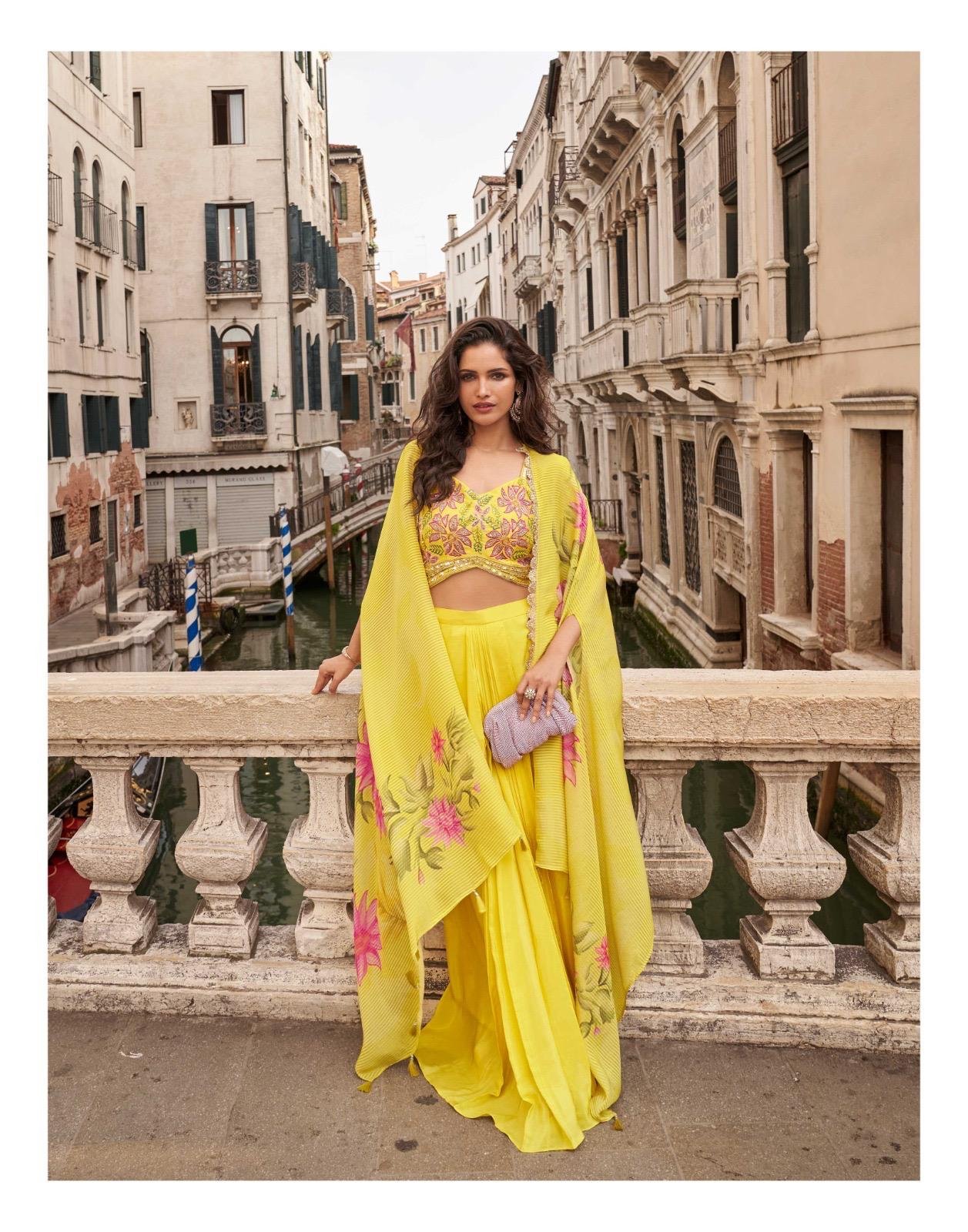 Make a bold festive statement with this trendy festive shrug set, crafted in premium real Chinon Silk & Viscose Jacquard Silk. Designed with front & back heavy embroidery, hand-embellished mirror work blouse, and a stylish plazzo, this outfit delivers a complete luxury ethnic look ✨💃 - Image 3