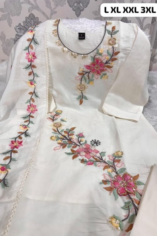 Add elegance to your ethnic wardrobe with this luxury designer Kurti–Pant–Dupatta set, crafted in premium Roman Silk and highlighted with real Kolkata hand work in Pakistani suit style. A perfect choice for festive wear, weddings & special occasions 🌸