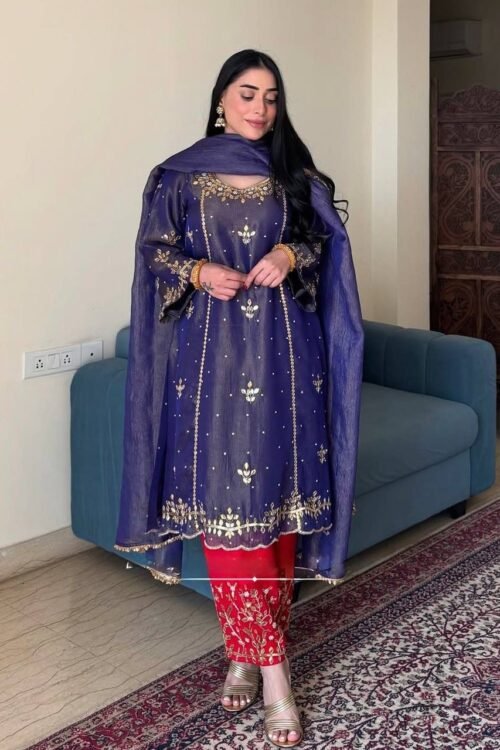 Make a grand festive statement with this Designer Heavy Gold Crush Embroidered Sequence Work Set, crafted to deliver a rich, royal, and luxurious look. Designed in premium gold crush silk, this outfit features heavy embroidery with sequence and rivet moti work on both sides, beautifully matched with an embroidered pant and a fancy lace-bordered dupatta. Perfect for weddings, festivals, parties, and special occasions where elegance matters.