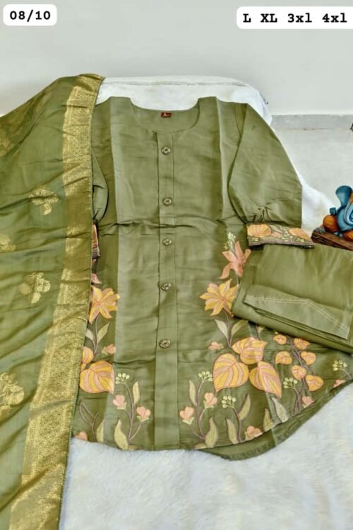 Add a modern ethnic charm to your wardrobe with this stylish 2-Tone Silk Cotton Short Kurti Set, designed with full appliqué work for a rich and elegant look. Paired with a flowy divider palazzo and a Banarasi Jacquard Silk dupatta with jacquard border, this outfit perfectly balances tradition with contemporary style—ideal for festive wear, functions, and special occasions.